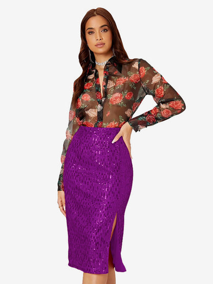 Women High Waist Sequin Midi Skirt Front Slit Bodycon Pencil Party Skirt