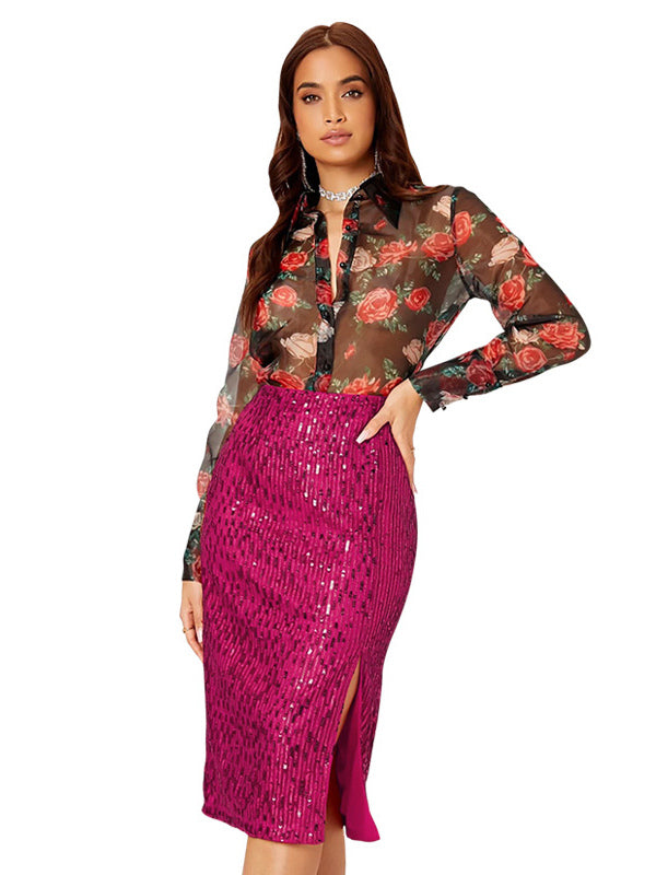 Women High Waist Sequin Midi Skirt Front Slit Bodycon Pencil Party Skirt