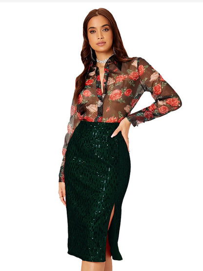 Women High Waist Sequin Midi Skirt Front Slit Bodycon Pencil Party Skirt