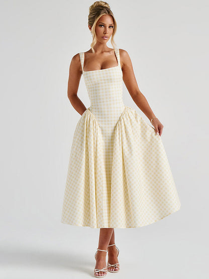 Date Night Dresses Maxi Plaid Straps Square Neck Swing Sweet Red Dress