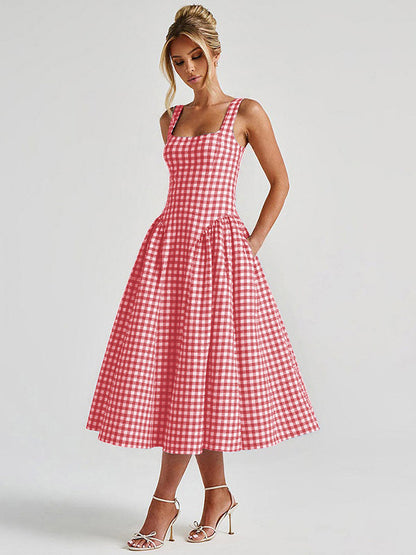 Date Night Dresses Maxi Plaid Straps Square Neck Swing Sweet Red Dress