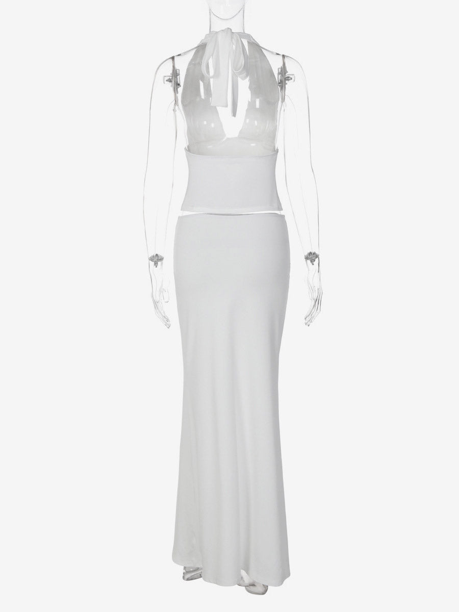 Two Piece Sets White Chic Lace Up Street Wear V-Neck Sleeveless Skirt Set