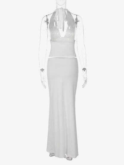 Two Piece Sets White Chic Lace Up Street Wear V-Neck Sleeveless Skirt Set
