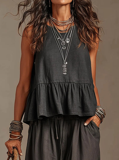 Two Piece Sets Ivory Jewel Neck Sleeveless Bohemian Tank Top Wide Leg Pant Set