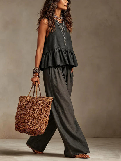 Two Piece Sets Ivory Jewel Neck Sleeveless Bohemian Tank Top Wide Leg Pant Set