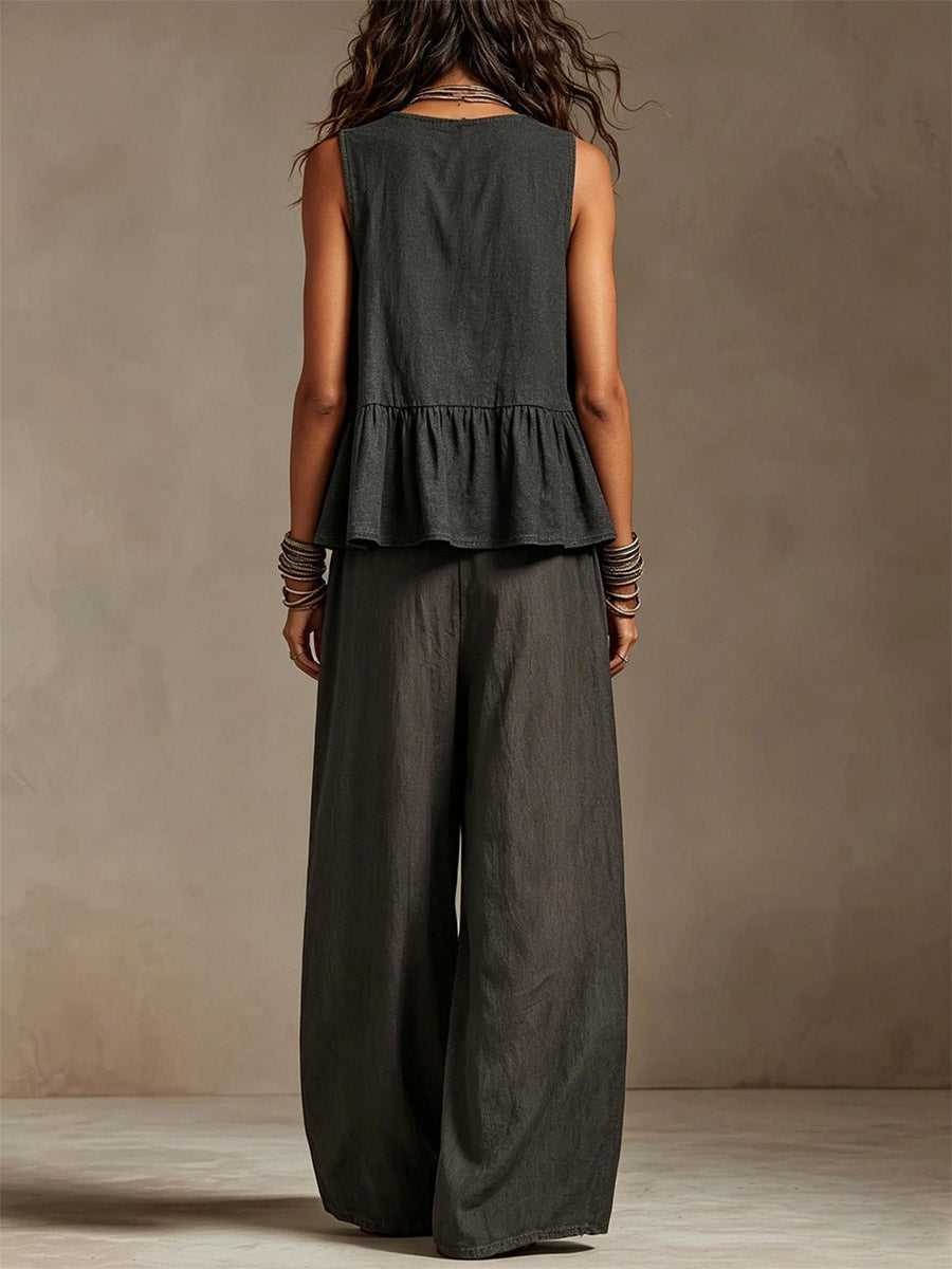 Two Piece Sets Ivory Jewel Neck Sleeveless Bohemian Tank Top Wide Leg Pant Set