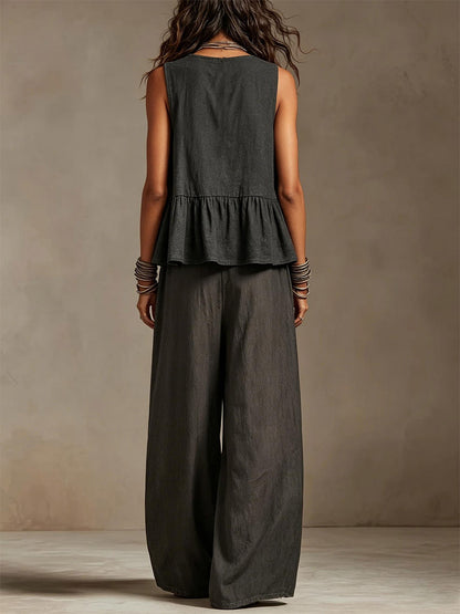 Two Piece Sets Ivory Jewel Neck Sleeveless Bohemian Tank Top Wide Leg Pant Set