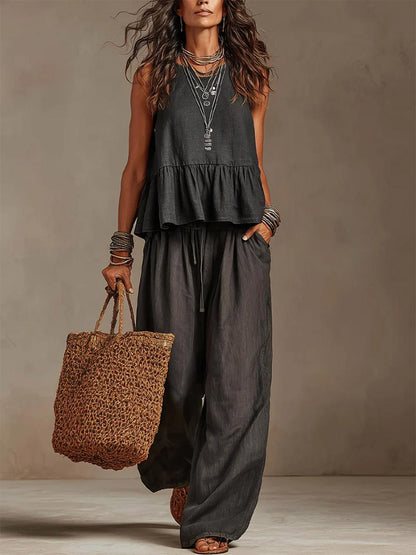Two Piece Sets Ivory Jewel Neck Sleeveless Bohemian Tank Top Wide Leg Pant Set