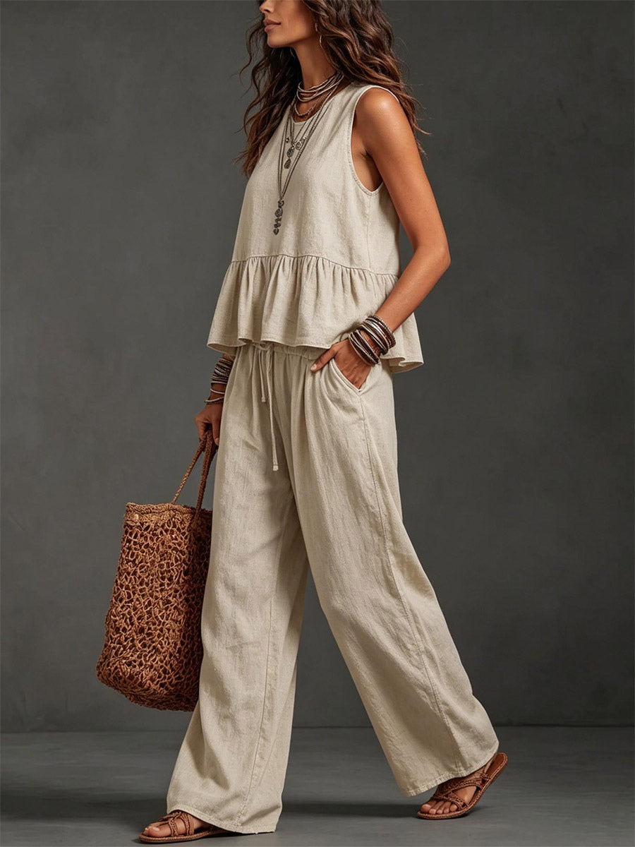 Two Piece Sets Ivory Jewel Neck Sleeveless Bohemian Tank Top Wide Leg Pant Set