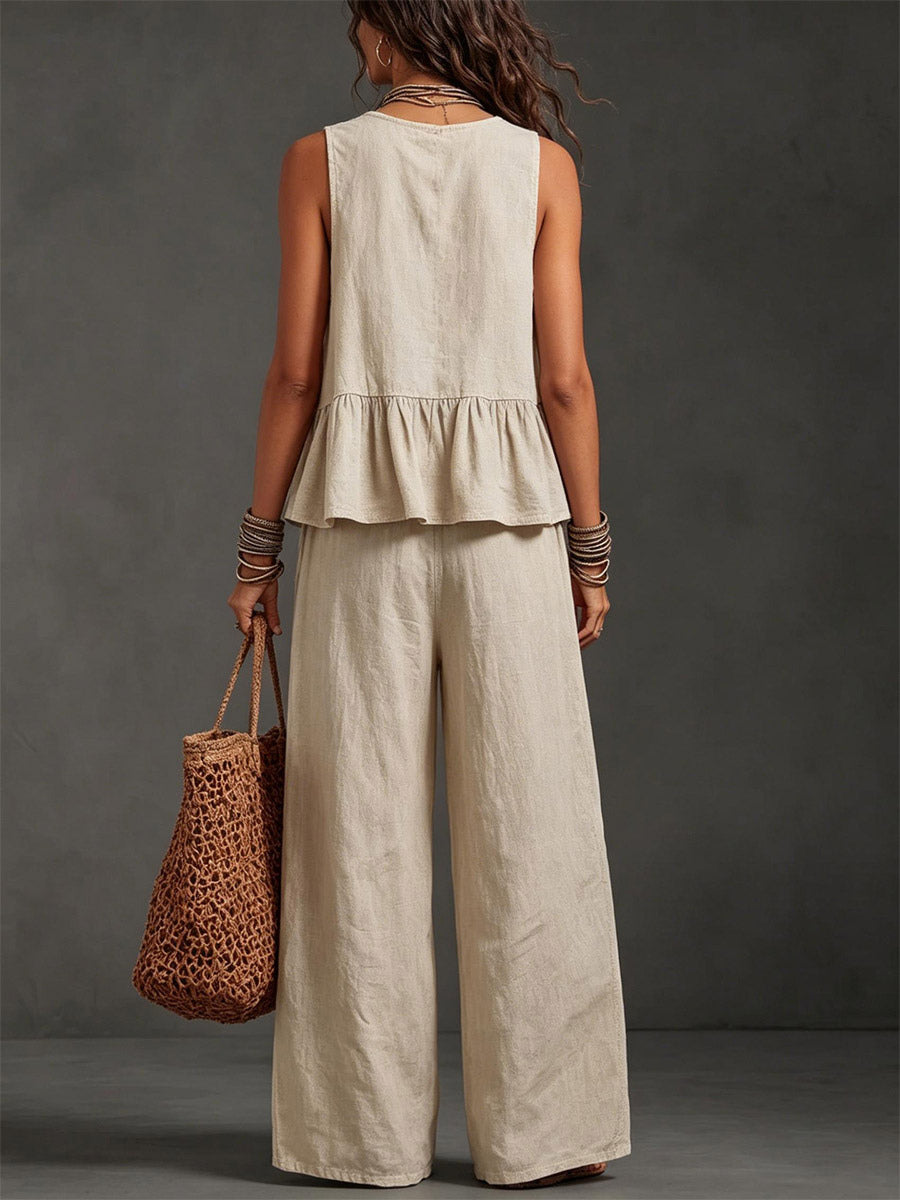 Two Piece Sets Ivory Jewel Neck Sleeveless Bohemian Tank Top Wide Leg Pant Set