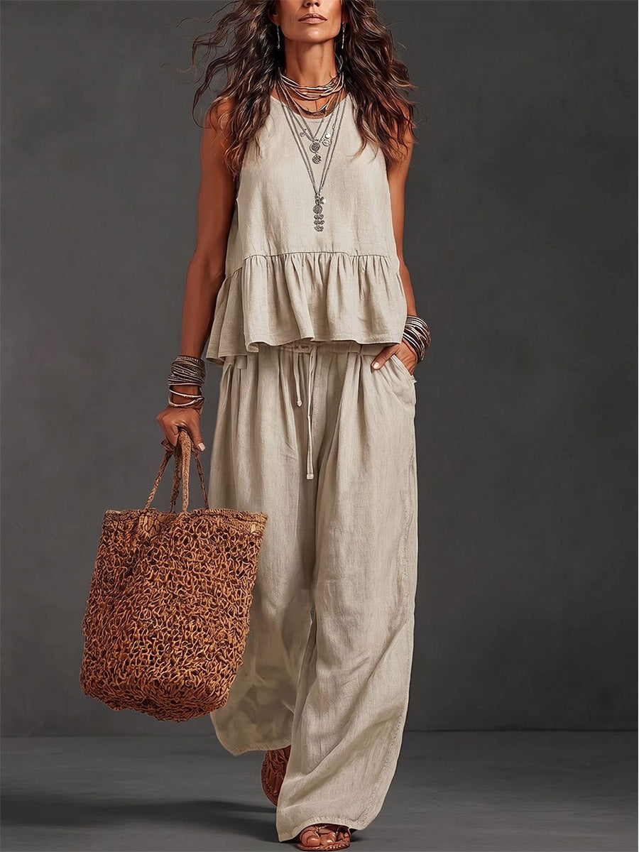 Two Piece Sets Ivory Jewel Neck Sleeveless Bohemian Tank Top Wide Leg Pant Set