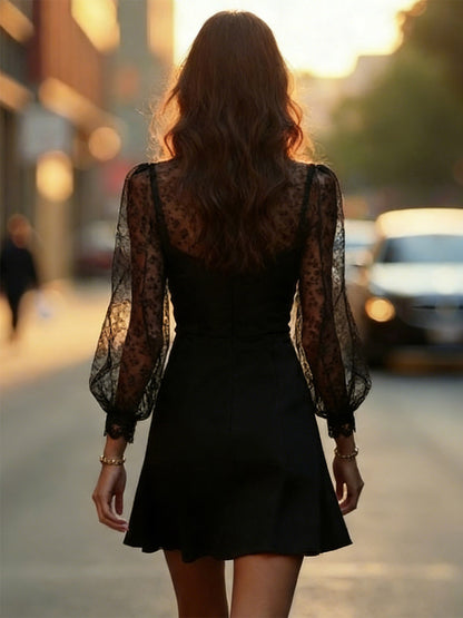Date Night Dresses Mini Lace Long Puff Sleeves Jewel Neck Elegant Black Dress