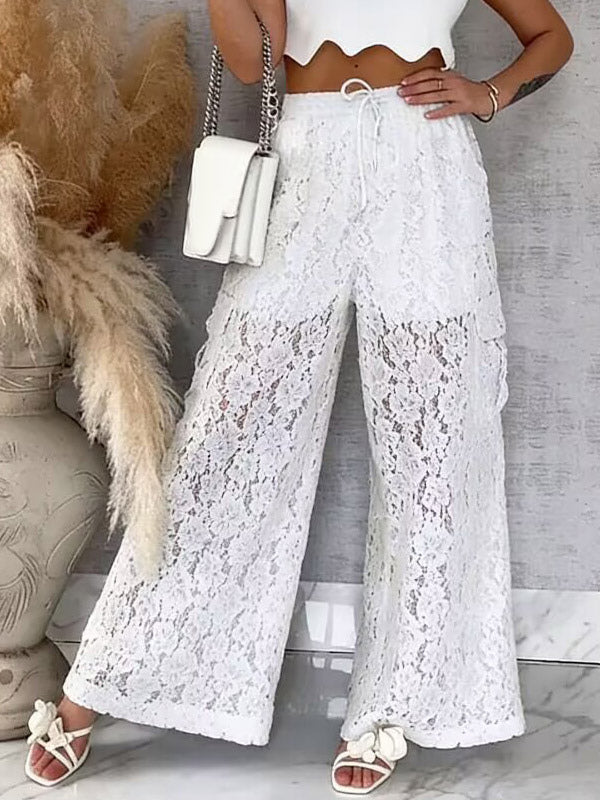 Pants White High Waist Floral Lace Wide Leg Pants Trousers