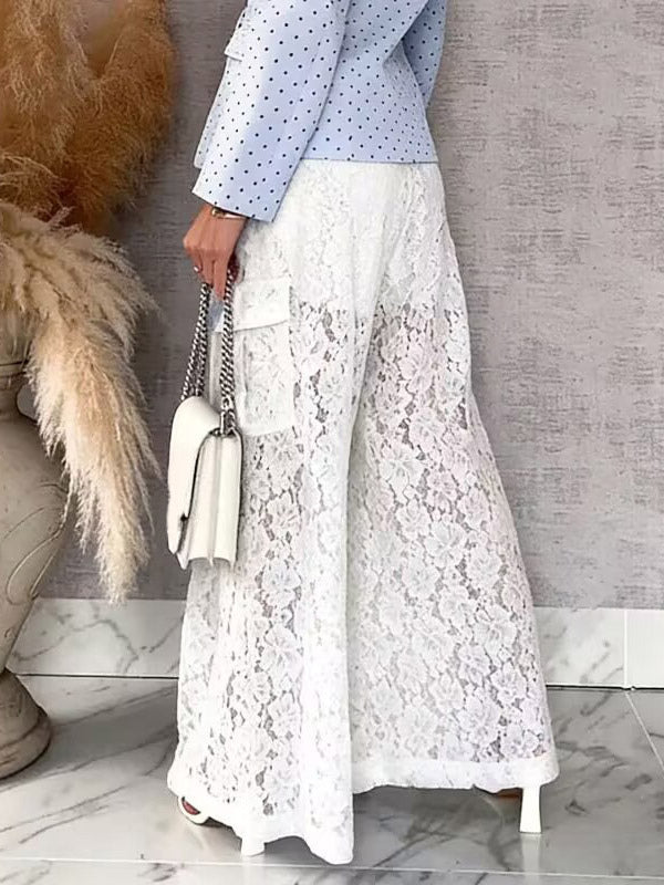 Pants White High Waist Floral Lace Wide Leg Pants Trousers