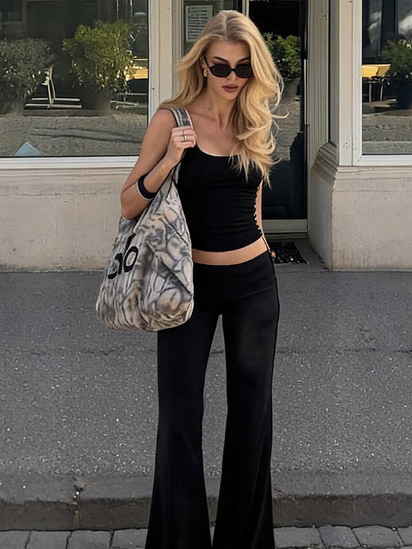 Two Piece Sets Black Silk Spaghetti Strap Crop Cami High Waist Flare Pants Set
