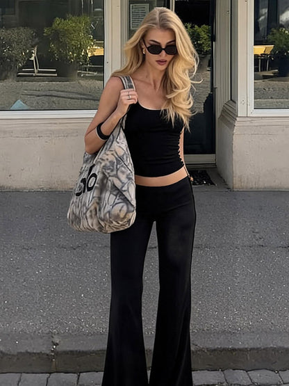 Two Piece Sets Black Silk Spaghetti Strap Crop Cami High Waist Flare Pants Set
