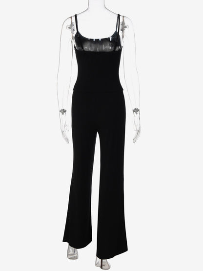 Two Piece Sets Black Silk Spaghetti Strap Crop Cami High Waist Flare Pants Set