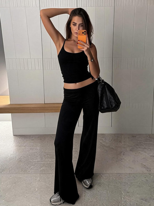 Two Piece Sets Black Silk Spaghetti Strap Crop Cami High Waist Flare Pants Set