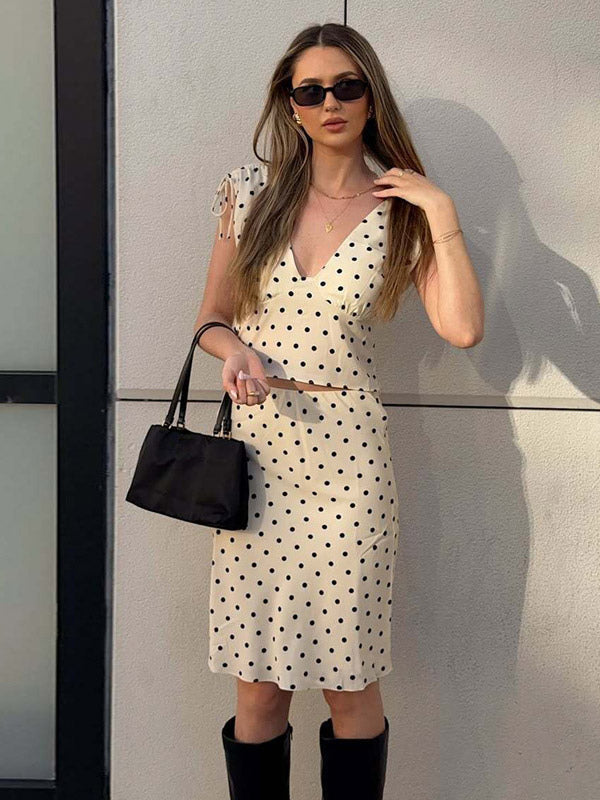 Two Piece Sets Polka Dot Apricot V-Neck Short Sleeves V Neck Tie Strap Cami Top Midi Skirt Set