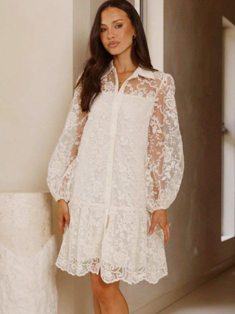 Daily Dresses Ecru White Lace Long Sleeves Turndown Collar Puff Sleeve Mini Shirt Dress
