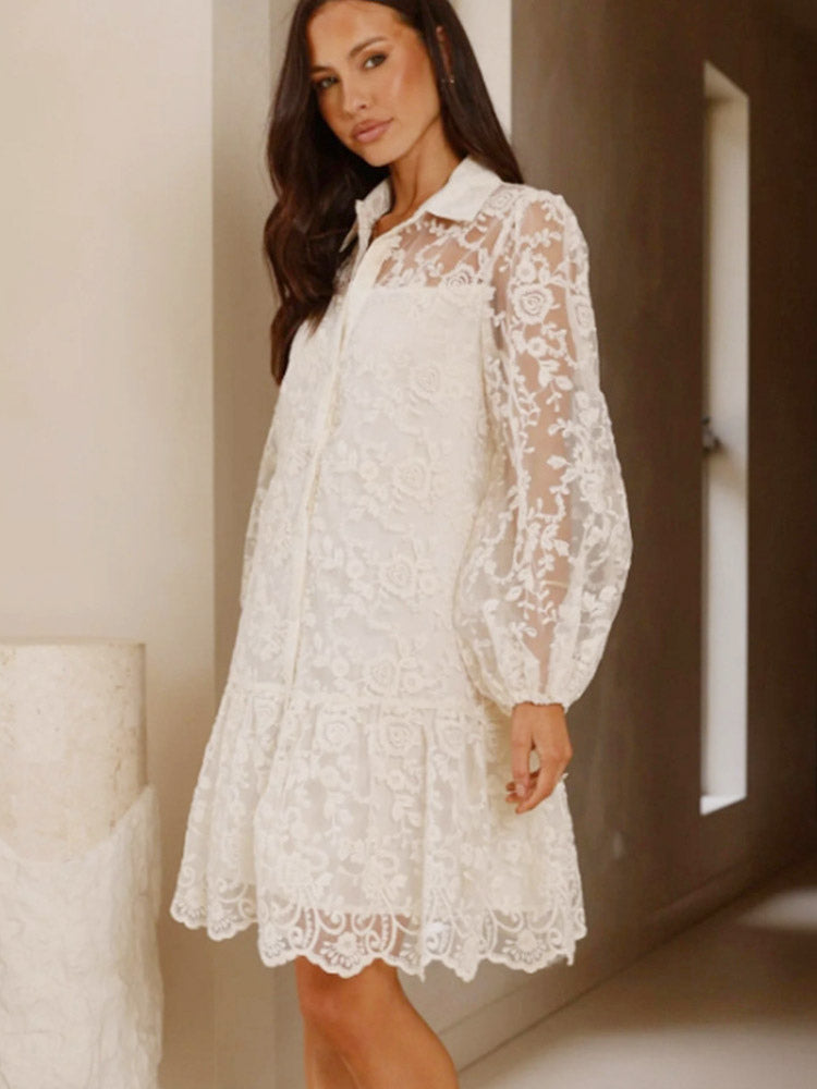 Daily Dresses Ecru White Lace Long Sleeves Turndown Collar Puff Sleeve Mini Shirt Dress