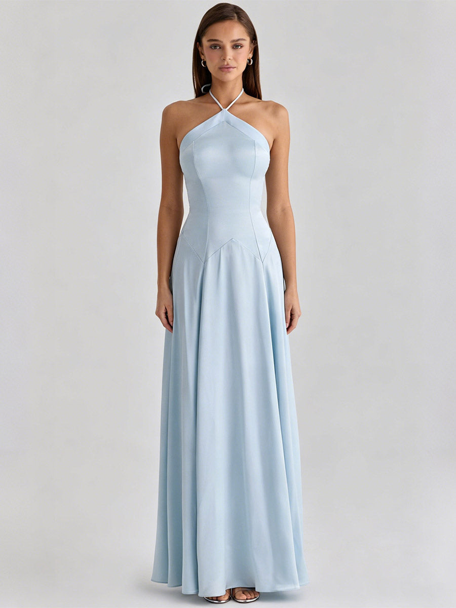 Party Dress Maxi Light Sky Blue Rhinestone Halter Satin Sexy Flowy Semi Formal Dress
