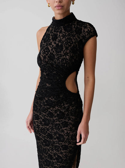 Party Dress Maxi Black High Collar Lace Sleeveless Sexy Bodycon Semi Formal Dress