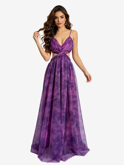 Vacation Dresses Spaghetti Strap Neck Elegant Orange Flowy Chiffon Maxi Party Dress