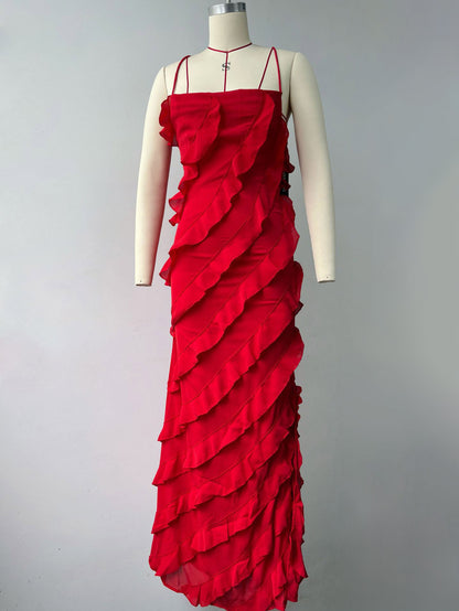 Date Night Dresses Maxi Sexy Orange Spaghetti Strap Cross Back Ruffle Tiered High Slit Bodycon Dress
