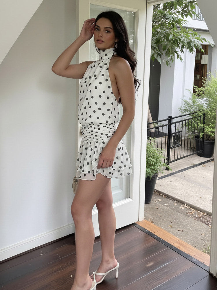 Date Night Dresses Mini Backless Halter Polka Dot High Collar Chic White Chiffon Dress