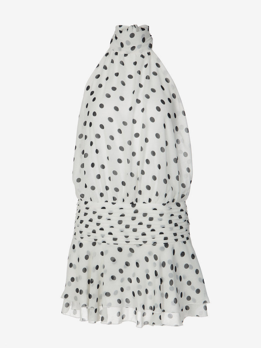 Date Night Dresses Mini Backless Halter Polka Dot High Collar Chic White Chiffon Dress