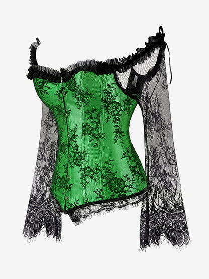 Off Shoulder Floral Lace Long Sleeve Overbust Corset Plus Size Front Hook Back Lace Up Waist Trainer