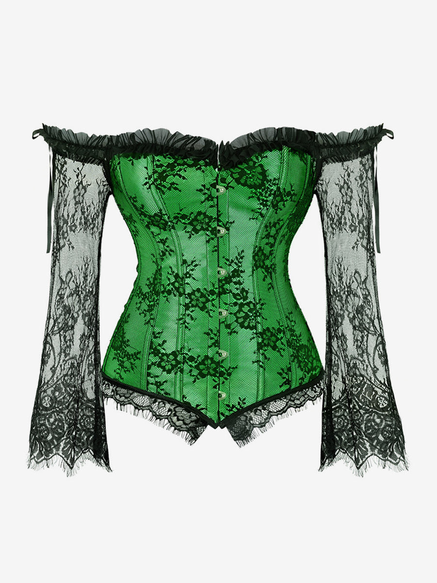 Off Shoulder Floral Lace Long Sleeve Overbust Corset Plus Size Front Hook Back Lace Up Waist Trainer