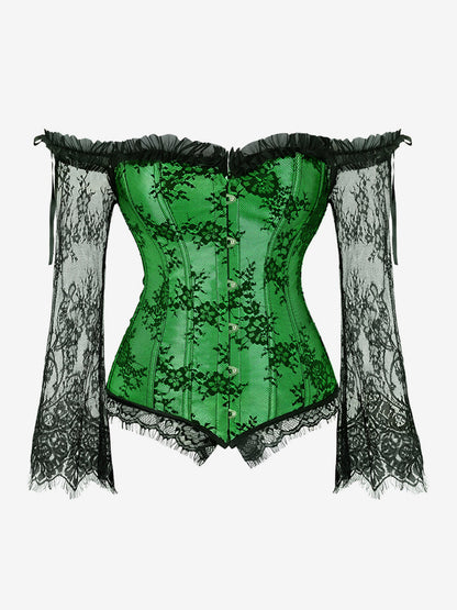 Off Shoulder Floral Lace Long Sleeve Overbust Corset Plus Size Front Hook Back Lace Up Waist Trainer