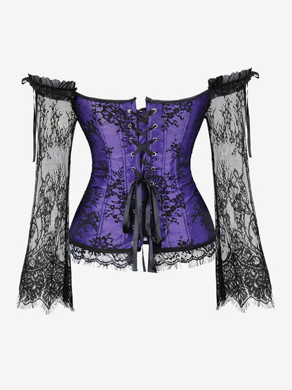 Off Shoulder Floral Lace Long Sleeve Overbust Corset Plus Size Front Hook Back Lace Up Waist Trainer