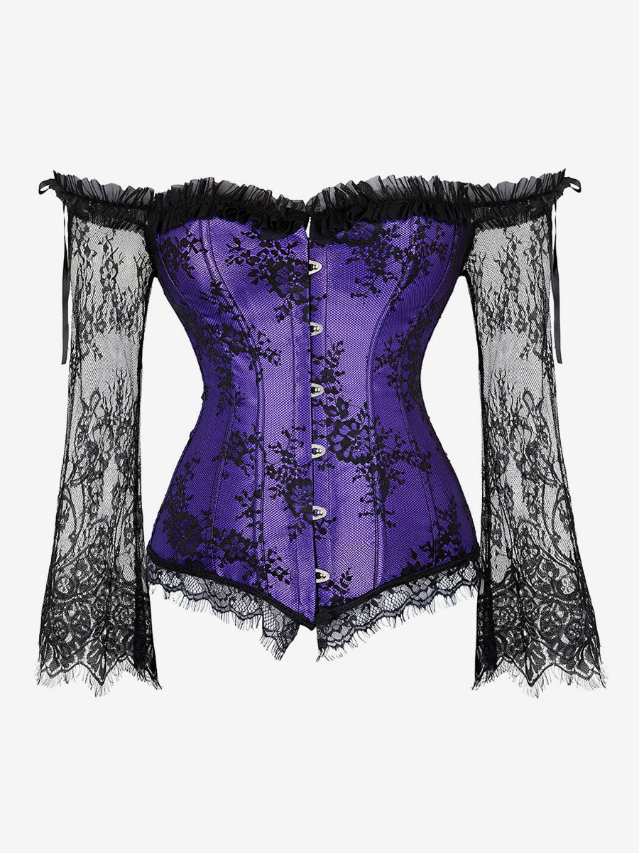 Off Shoulder Floral Lace Long Sleeve Overbust Corset Plus Size Front Hook Back Lace Up Waist Trainer
