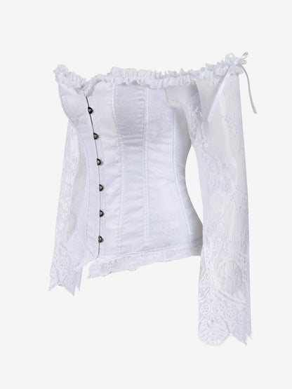Off Shoulder Floral Lace Long Sleeve Overbust Corset Front Hook Back Lace Up