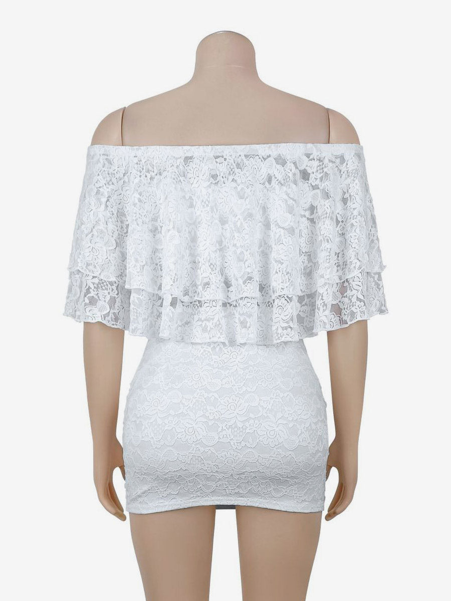 Off Shoulder Ruffle Lace Crop Top Ring Ruched Mini Skirt 2 Piece Set