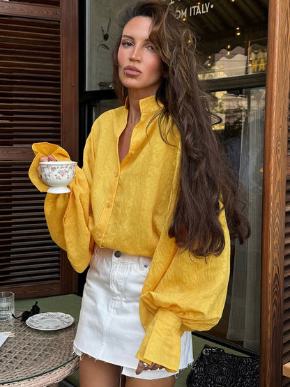 Textured Bubble Sleeve Stand Collar Oversized Button Down Shirt
