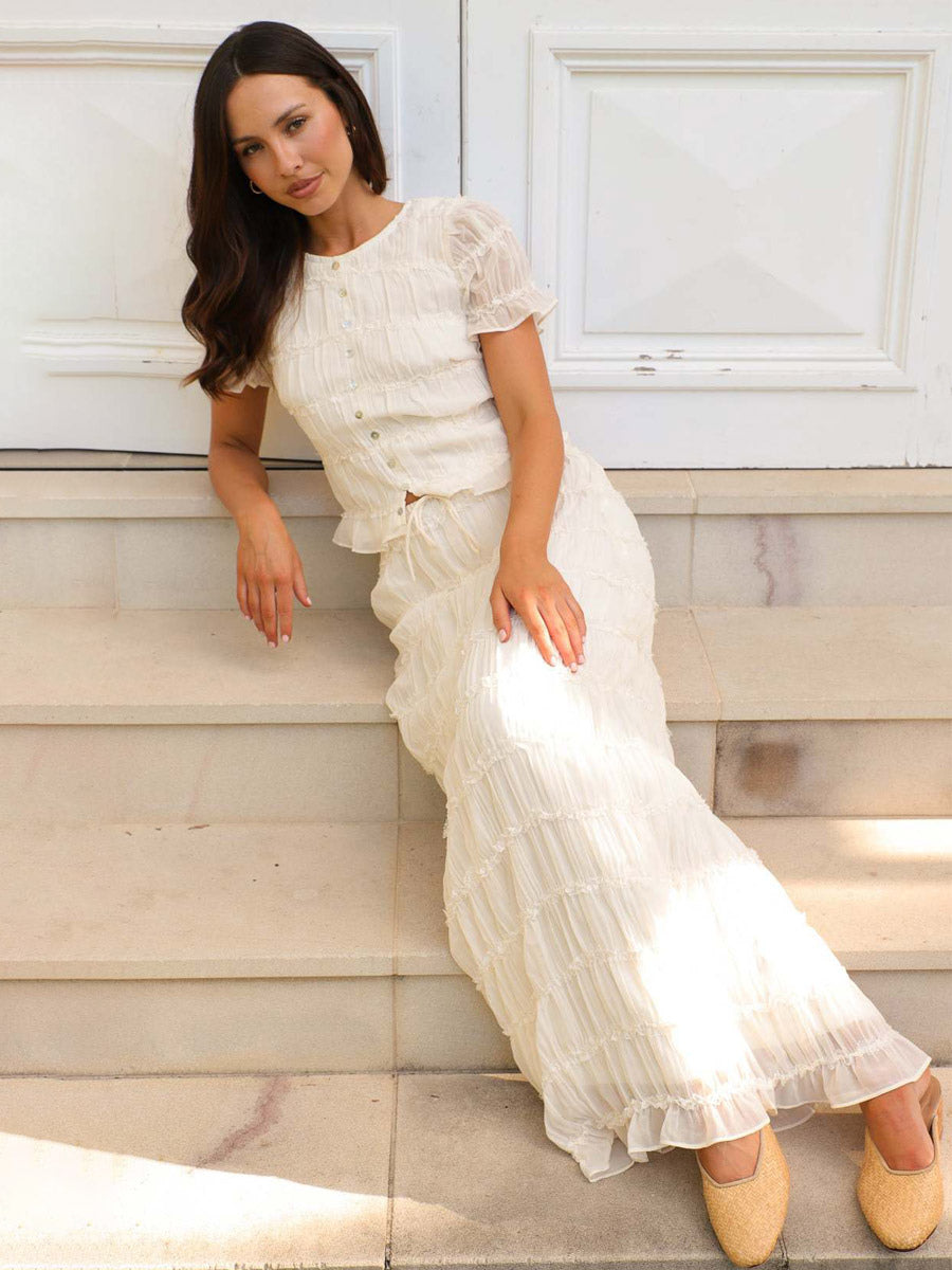 Ruffle Puff Sleeve Ruched Crop Top Mermaid Maxi Skirt Two Piece Set