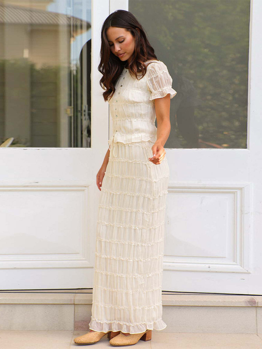 Ruffle Puff Sleeve Ruched Crop Top Mermaid Maxi Skirt Two Piece Set