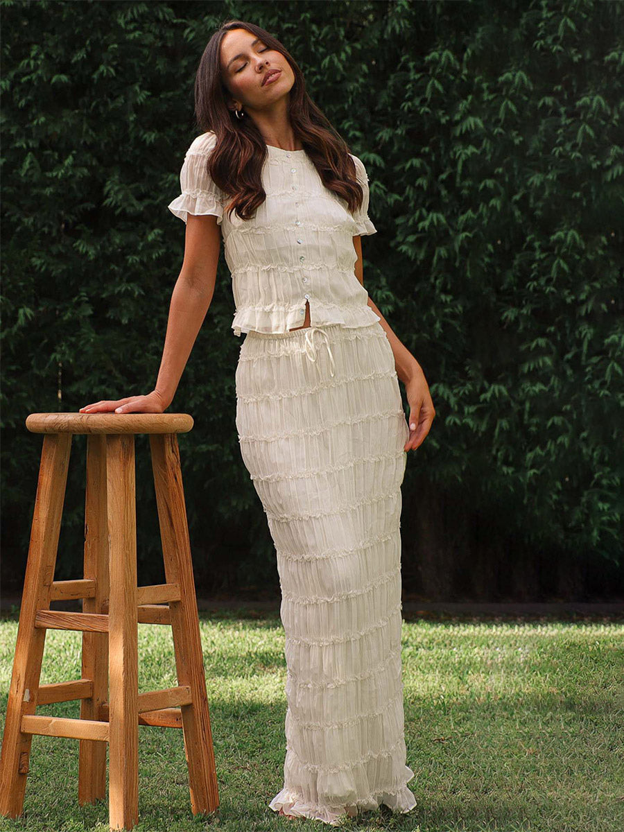 Ruffle Puff Sleeve Ruched Crop Top Mermaid Maxi Skirt Two Piece Set