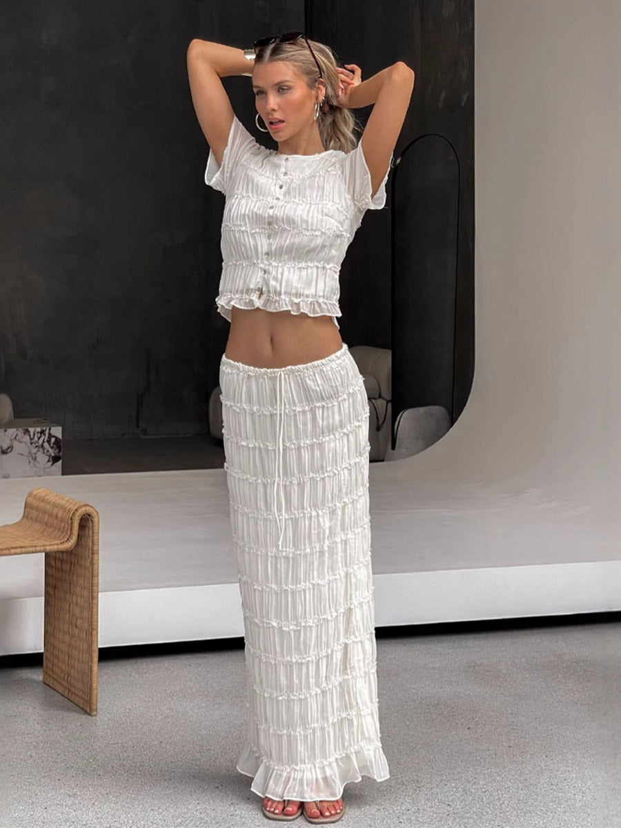 Ruffle Puff Sleeve Ruched Crop Top Mermaid Maxi Skirt Two Piece Set