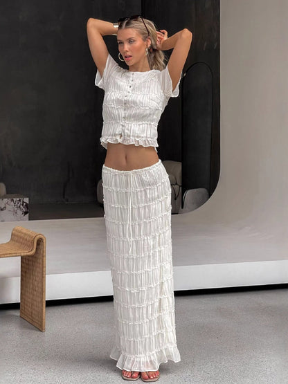 Ruffle Puff Sleeve Ruched Crop Top Mermaid Maxi Skirt Two Piece Set