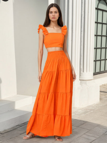 Square Neck Ruffle Strap Crop Top Tiered Maxi Skirt 2 Piece Vacation Outfit Set