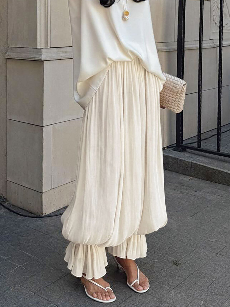 Elastic High Waist Ruffle Cuff Wide Leg Harem Pants Flowy Draped Casual Trousers