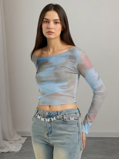 Off Shoulder Tie Dye Mesh Long Sleeve Crop Top Sheer See Through Slim Fitted Club Tee