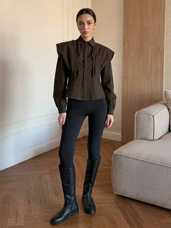 Brown White Two Color Cotton Blouse Front Pleated Slim Fit Cuffed Sleeve Shirts