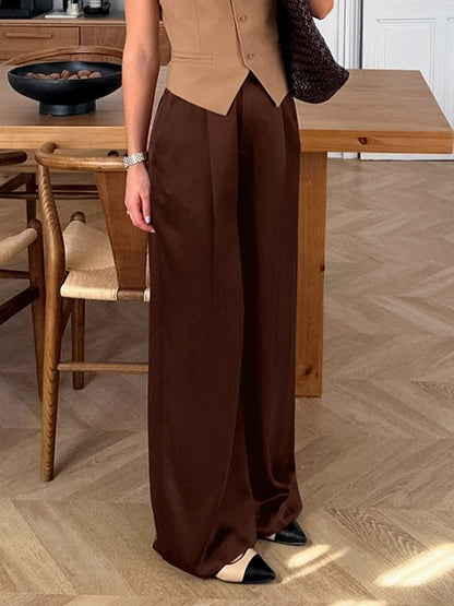 Brown Satin Wide Leg Pants High Waist Draped Silky Straight Trousers