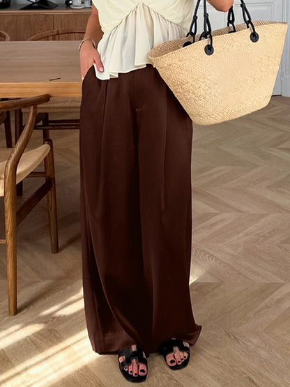 Brown Satin Wide Leg Pants High Waist Draped Silky Straight Trousers